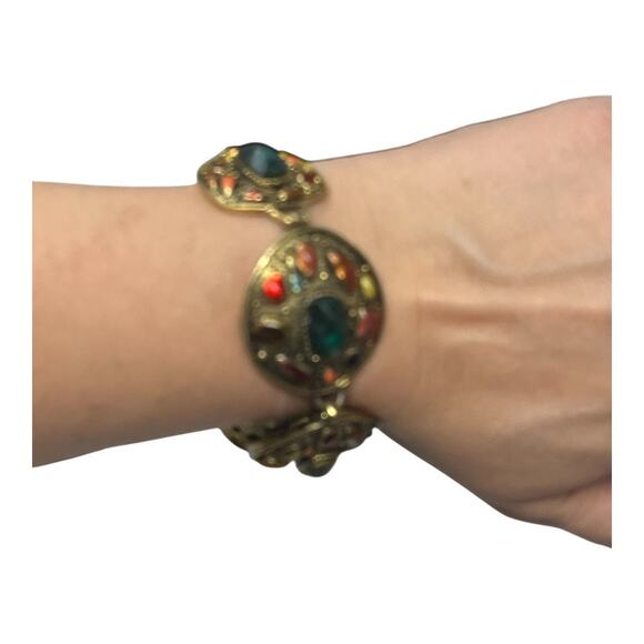 Chico’s Trellis Multicolor Stone Statement Bracelet Antique Gold Tone NWT - Picture 6 of 7